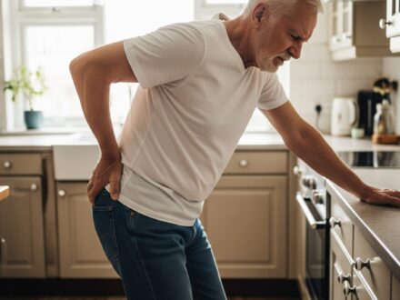 狭窄症で腰が辛くて前かがみで休むイメージ