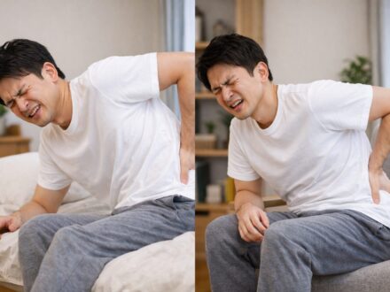ぎっくり腰で寝返りや座位の動作時に腰を押さえ、痛みをこらえている若い男性