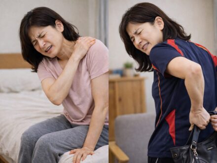 バレーボール後に肩の痛みが強く、起き上がる際に手をついても痛みが出て、荷物を持つと肩に響く40代女性