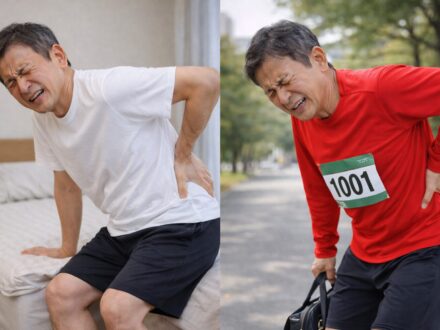 朝の起き上がりや立ち上がり動作で腰を押さえて痛がる、マラソン大会を控えた高齢男性の様子