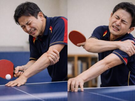 卓球の試合中、肘を曲げ伸ばしした際に肘の後ろに痛みを感じ、顔をしかめる60代男性