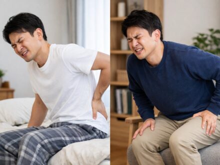 朝起き上がるときや椅子から立ち上がる動作で腰に痛みを感じている20代男性の様子