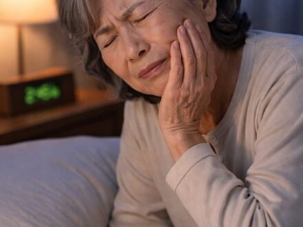 夜中に歯の痛みで目が覚め、頬を押さえながら噛むことを怖がっている高齢の女性