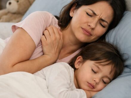子どもと添い寝をしながら、肩の痛みでつらそうな表情をしている40代女性