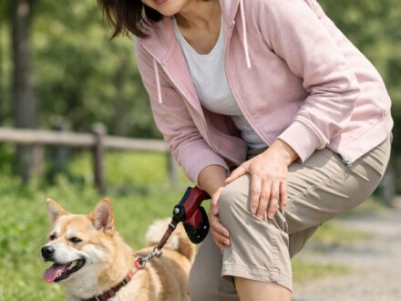 犬の散歩中に歩きすぎて、膝を曲げると特定の角度で痛みを感じ、膝を押さえて立ち止まる中年女性